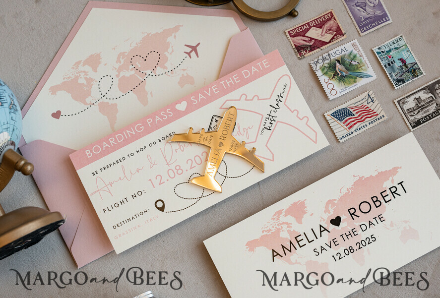 SAVE THE DATES beach travel magnets Pink Blush  golden airplane magnet Save The Date Cards  boardingpass travel airplane save the dates destination wedding magnets