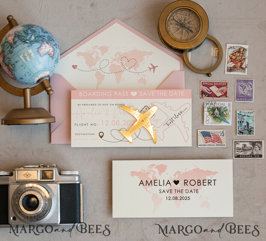 SAVE THE DATES beach travel magnets Pink Blush  golden airplane magnet Save The Date Cards  boardingpass travel airplane save the dates destination wedding magnets