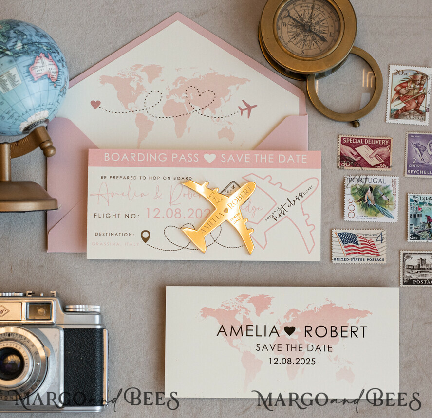 SAVE THE DATES beach travel magnets Pink Blush  golden airplane magnet Save The Date Cards  boardingpass travel airplane save the dates destination wedding magnets