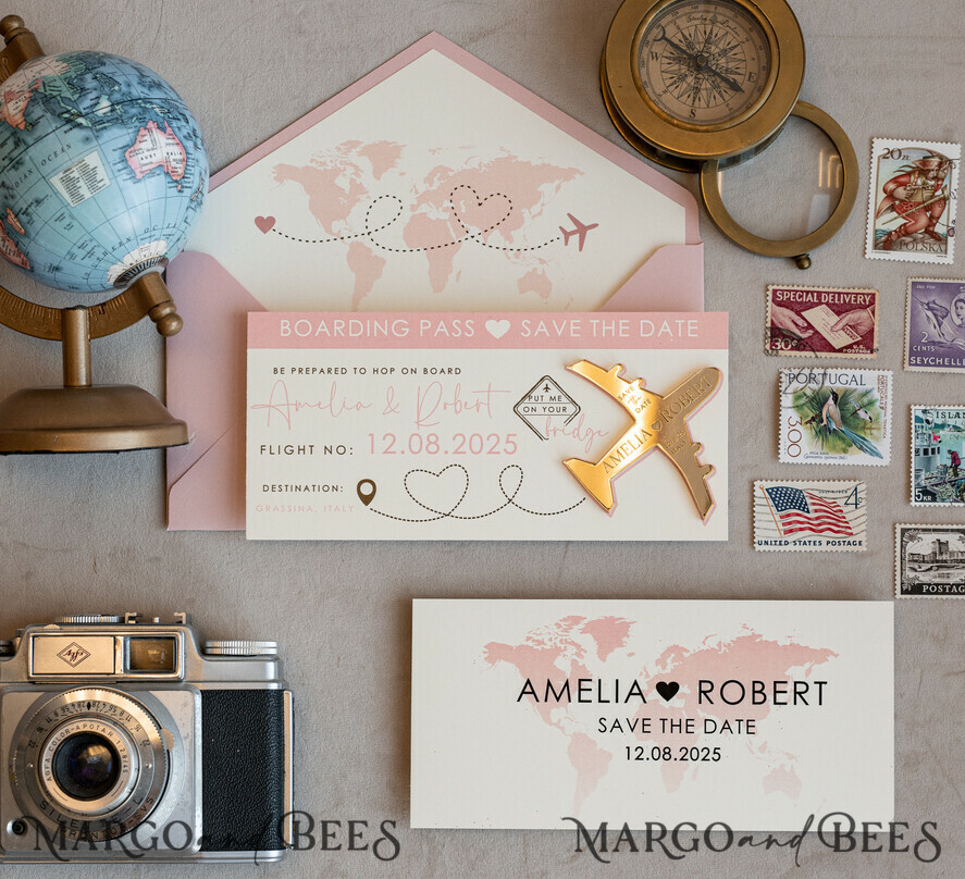 SAVE THE DATES beach travel magnets Pink Blush  golden airplane magnet Save The Date Cards  boardingpass travel airplane save the dates destination wedding magnets
