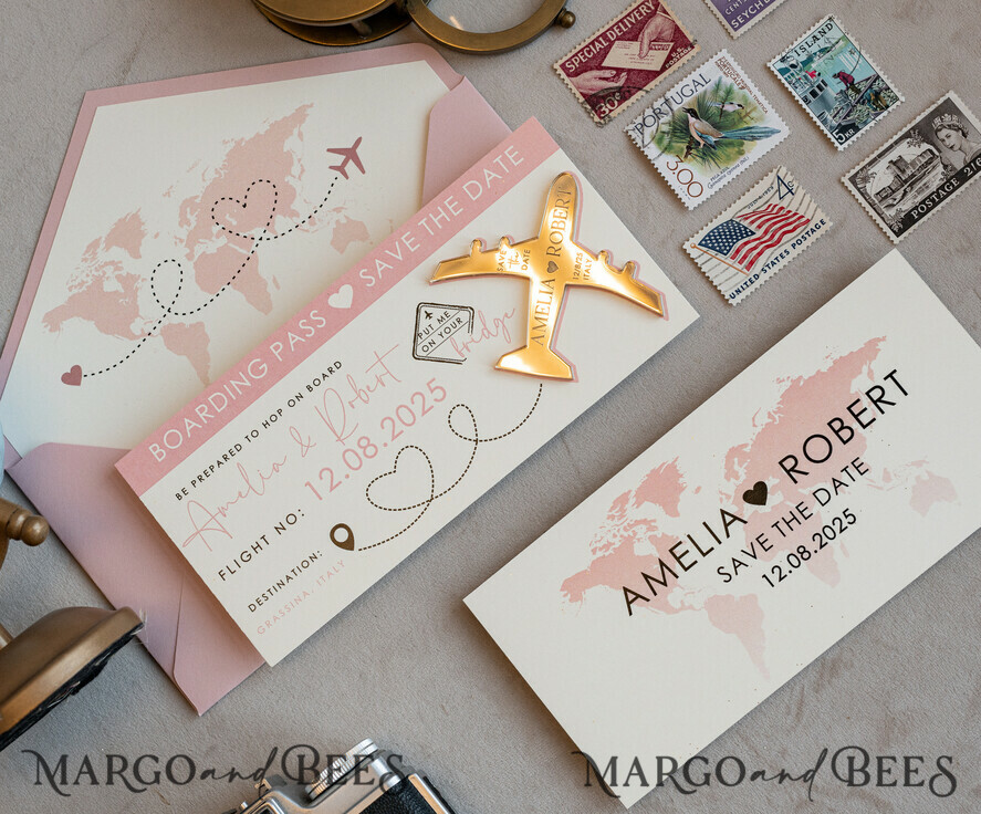 SAVE THE DATES beach travel magnets Pink Blush  golden airplane magnet Save The Date Cards  boardingpass travel airplane save the dates destination wedding magnets