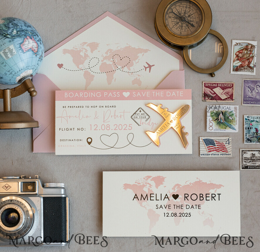 SAVE THE DATES beach travel magnets Pink Blush  golden airplane magnet Save The Date Cards  boardingpass travel airplane save the dates destination wedding magnets