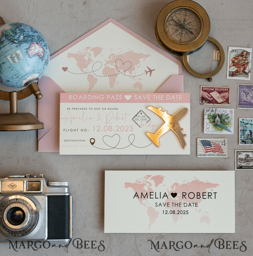 SAVE THE DATES beach travel magnets Pink Blush  golden airplane magnet Save The Date Cards  boardingpass travel airplane save the dates destination wedding magnets