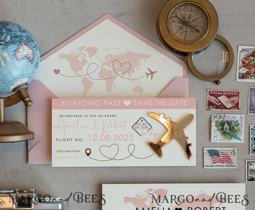 SAVE THE DATES beach travel magnets Pink Blush  golden airplane magnet Save The Date Cards  boardingpass travel airplane save the dates destination wedding magnets