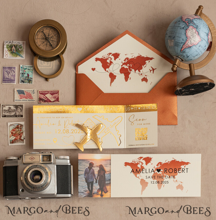 SAVE THE DATES beach travel magnets Terracotta  golden airplane magnet Save The Date Cards with photo  boardingpass travel airplane save the dates destination wedding magnets