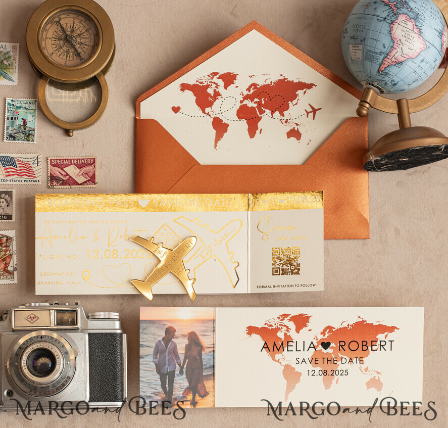 SAVE THE DATES beach travel magnets Terracotta  golden airplane magnet Save The Date Cards with photo  boardingpass travel airplane save the dates destination wedding magnets