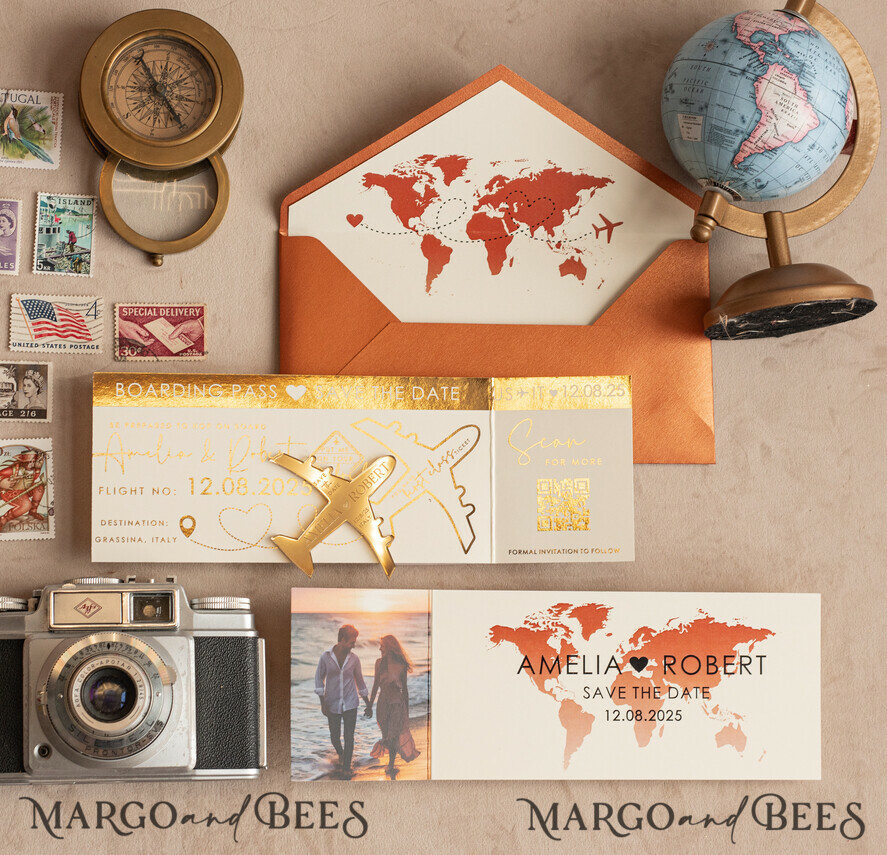 SAVE THE DATES beach travel magnets Terracotta  golden airplane magnet Save The Date Cards with photo  boardingpass travel airplane save the dates destination wedding magnets