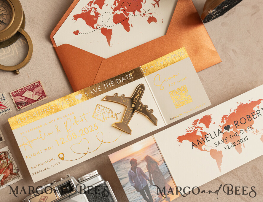SAVE THE DATES beach travel magnets Terracotta  golden airplane magnet Save The Date Cards with photo  boardingpass travel airplane save the dates destination wedding magnets