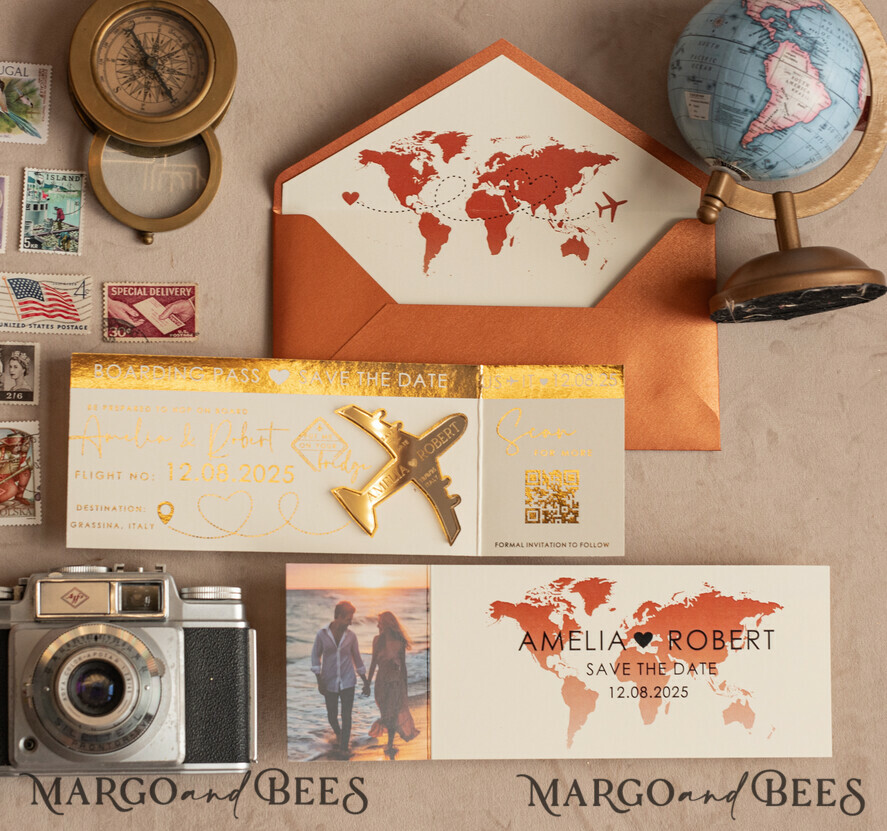 SAVE THE DATES beach travel magnets Terracotta  golden airplane magnet Save The Date Cards with photo  boardingpass travel airplane save the dates destination wedding magnets
