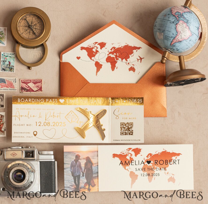 SAVE THE DATES beach travel magnets Terracotta  golden airplane magnet Save The Date Cards with photo  boardingpass travel airplane save the dates destination wedding magnets