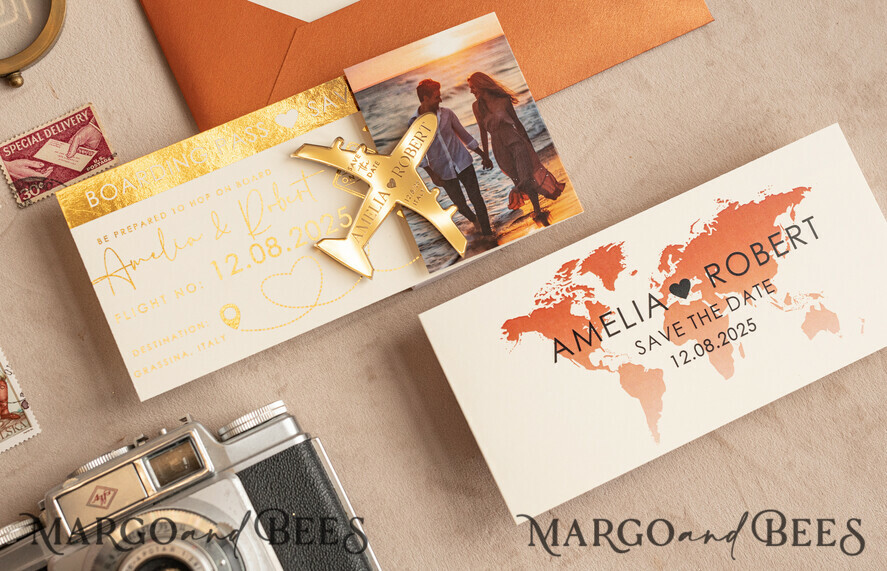 SAVE THE DATES beach travel magnets Terracotta  golden airplane magnet Save The Date Cards with photo  boardingpass travel airplane save the dates destination wedding magnets