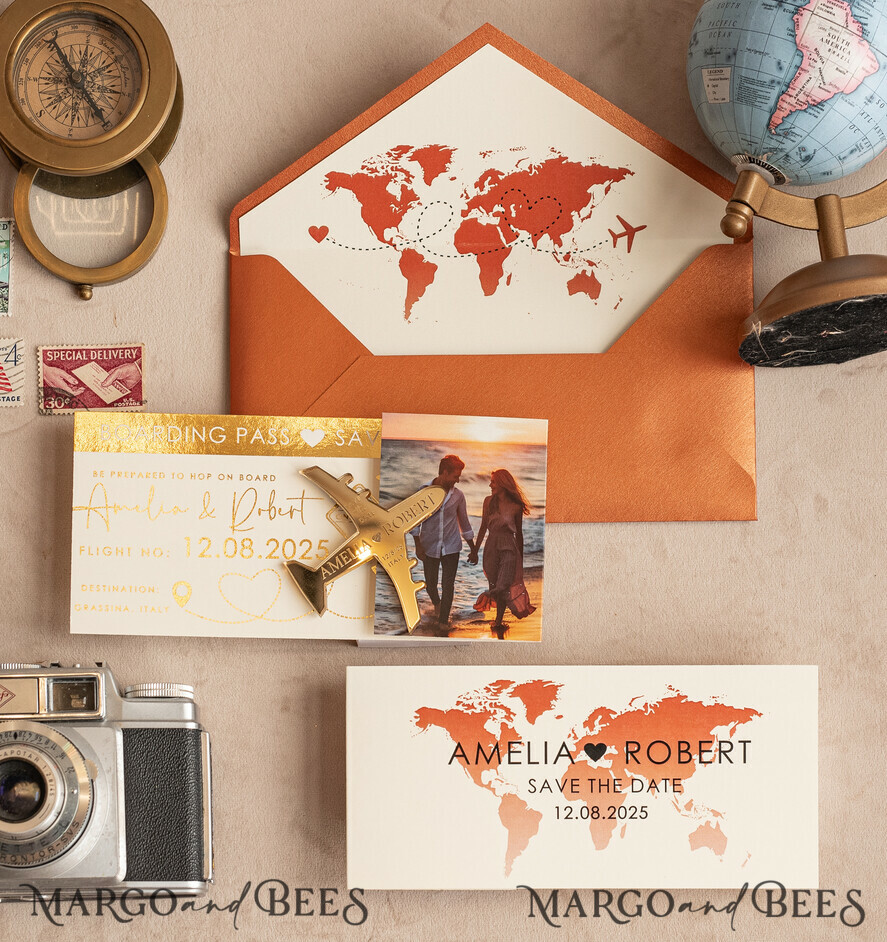 SAVE THE DATES beach travel magnets Terracotta  golden airplane magnet Save The Date Cards with photo  boardingpass travel airplane save the dates destination wedding magnets
