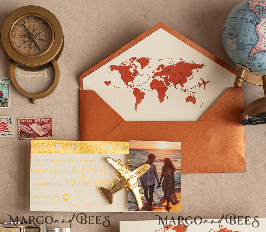 SAVE THE DATES beach travel magnets Terracotta  golden airplane magnet Save The Date Cards with photo  boardingpass travel airplane save the dates destination wedding magnets