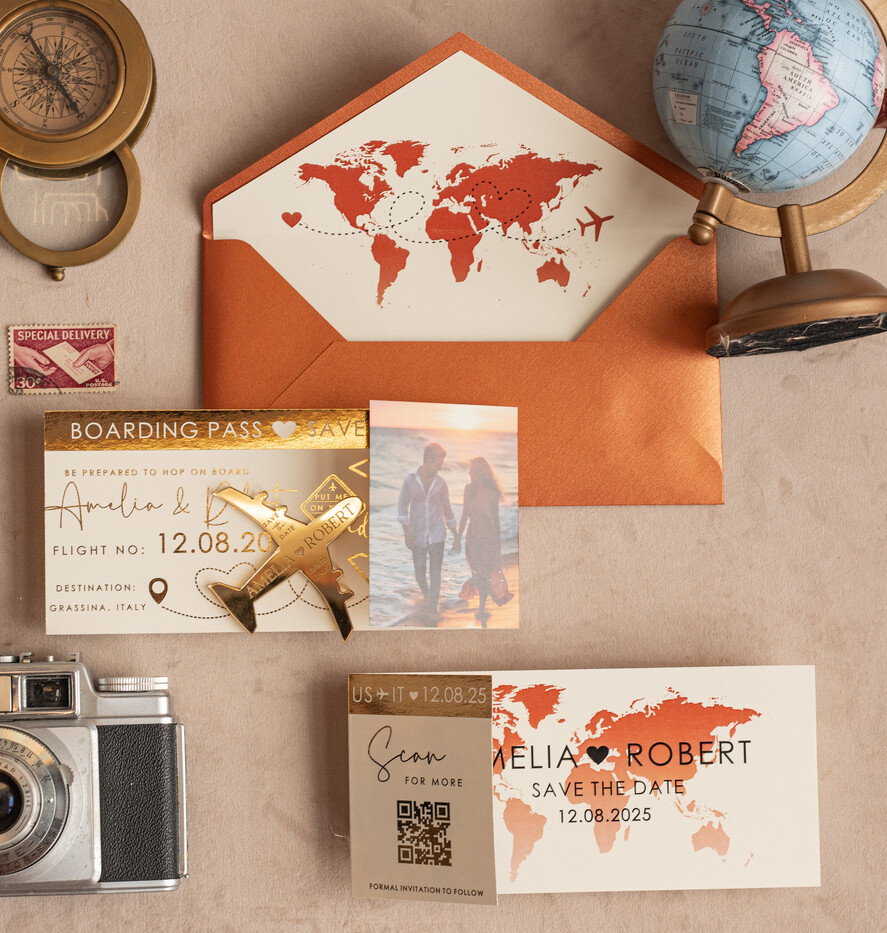 SAVE THE DATES beach travel magnets Terracotta  golden airplane magnet Save The Date Cards with photo  boardingpass travel airplane save the dates destination wedding magnets