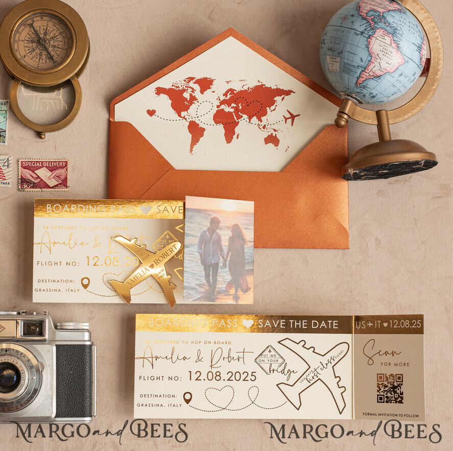 SAVE THE DATES beach travel magnets Terracotta  golden airplane magnet Save The Date Cards with photo  boardingpass travel airplane save the dates destination wedding magnets