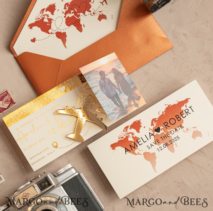 SAVE THE DATES beach travel magnets Terracotta  golden airplane magnet Save The Date Cards with photo  boardingpass travel airplane save the dates destination wedding magnets
