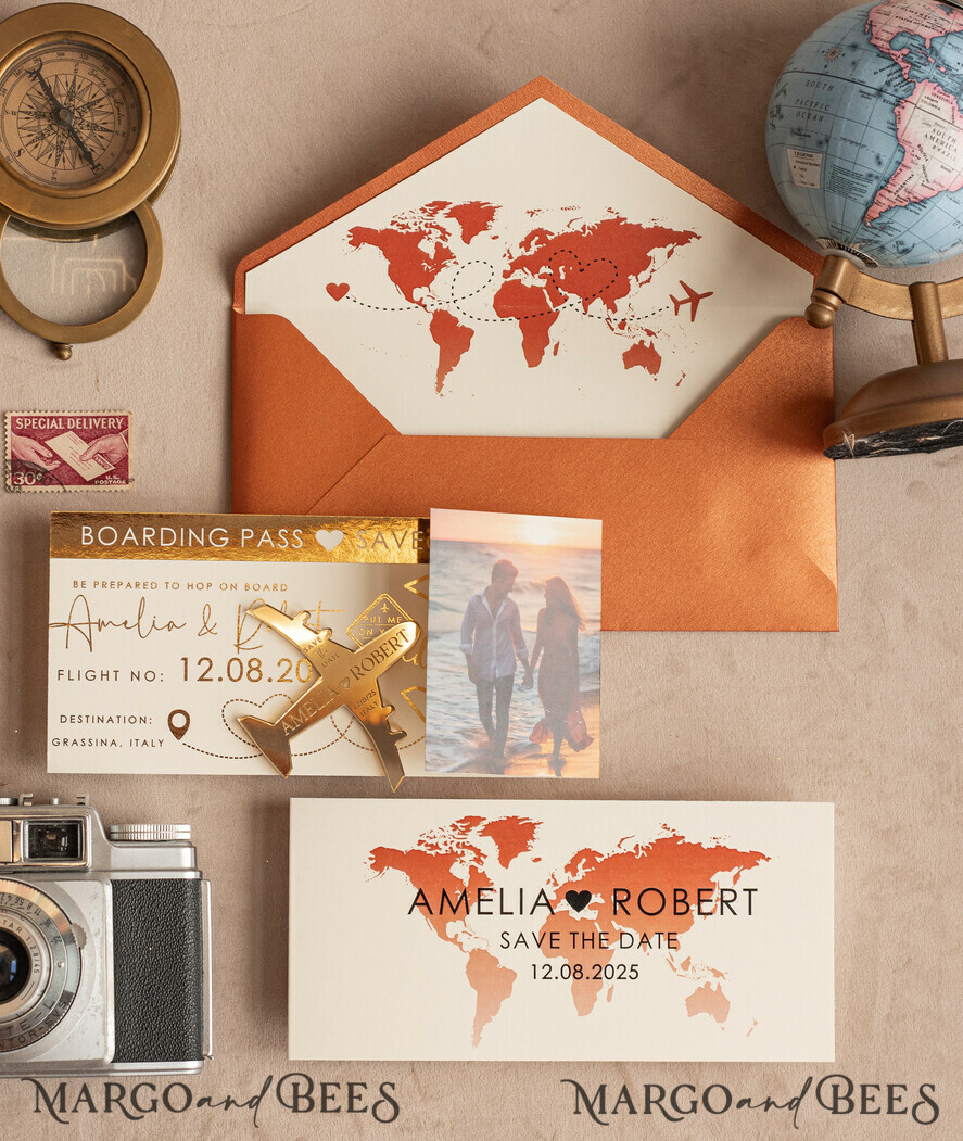 SAVE THE DATES beach travel magnets Terracotta  golden airplane magnet Save The Date Cards with photo  boardingpass travel airplane save the dates destination wedding magnets