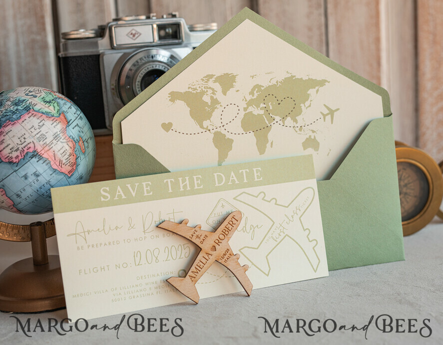 SAVE THE DATES beach travel magnets Sage green  Wooden airplane magnet Save The Date Cards  boardingpass travel airplane save the dates destination wedding magnets