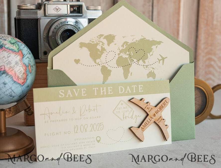 SAVE THE DATES beach travel magnets Sage green  Wooden airplane magnet Save The Date Cards  boardingpass travel airplane save the dates destination wedding magnets