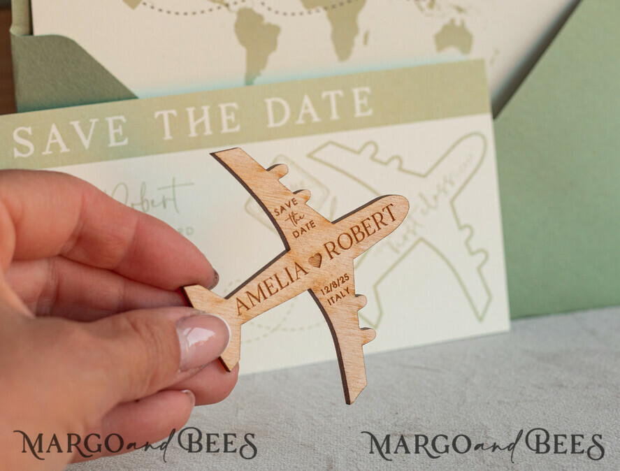 SAVE THE DATES beach travel magnets Sage green  Wooden airplane magnet Save The Date Cards  boardingpass travel airplane save the dates destination wedding magnets