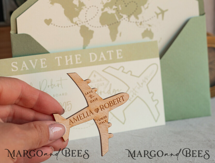 SAVE THE DATES beach travel magnets Sage green  Wooden airplane magnet Save The Date Cards  boardingpass travel airplane save the dates destination wedding magnets