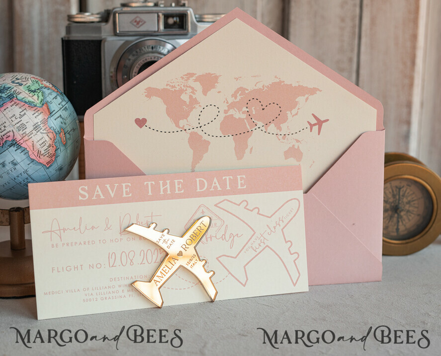 SAVE THE DATES beach travel magnets Pink Blush  golden airplane magnet Save The Date Cards  boardingpass travel airplane save the dates destination wedding magnets
