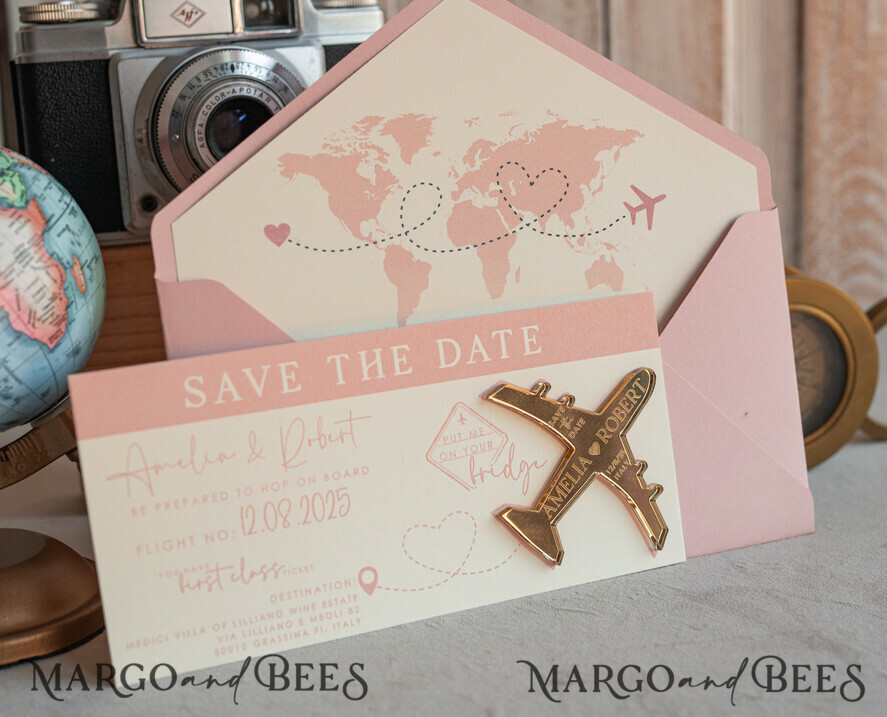 SAVE THE DATES beach travel magnets Pink Blush  golden airplane magnet Save The Date Cards  boardingpass travel airplane save the dates destination wedding magnets