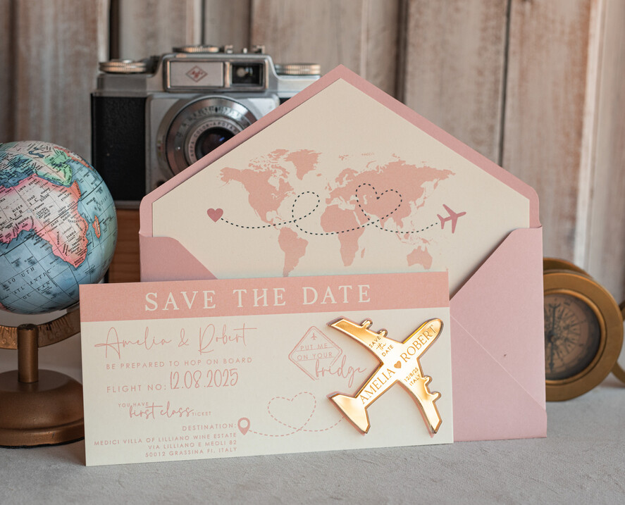 SAVE THE DATES beach travel magnets Pink Blush  golden airplane magnet Save The Date Cards  boardingpass travel airplane save the dates destination wedding magnets