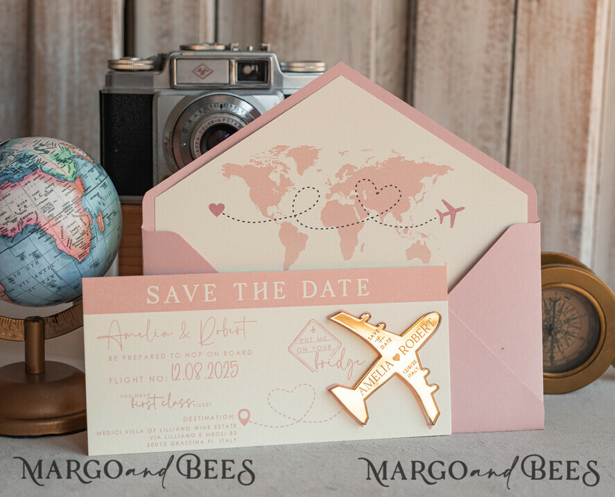 SAVE THE DATES beach travel magnets Pink Blush  golden airplane magnet Save The Date Cards  boardingpass travel airplane save the dates destination wedding magnets