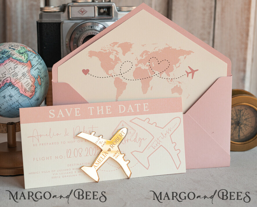 SAVE THE DATES beach travel magnets Pink Blush  golden airplane magnet Save The Date Cards  boardingpass travel airplane save the dates destination wedding magnets