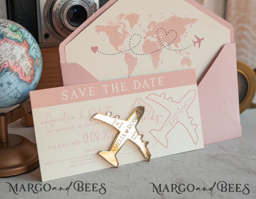 SAVE THE DATES beach travel magnets Pink Blush  golden airplane magnet Save The Date Cards  boardingpass travel airplane save the dates destination wedding magnets