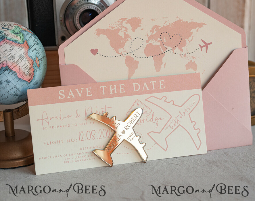 SAVE THE DATES beach travel magnets Pink Blush  golden airplane magnet Save The Date Cards  boardingpass travel airplane save the dates destination wedding magnets