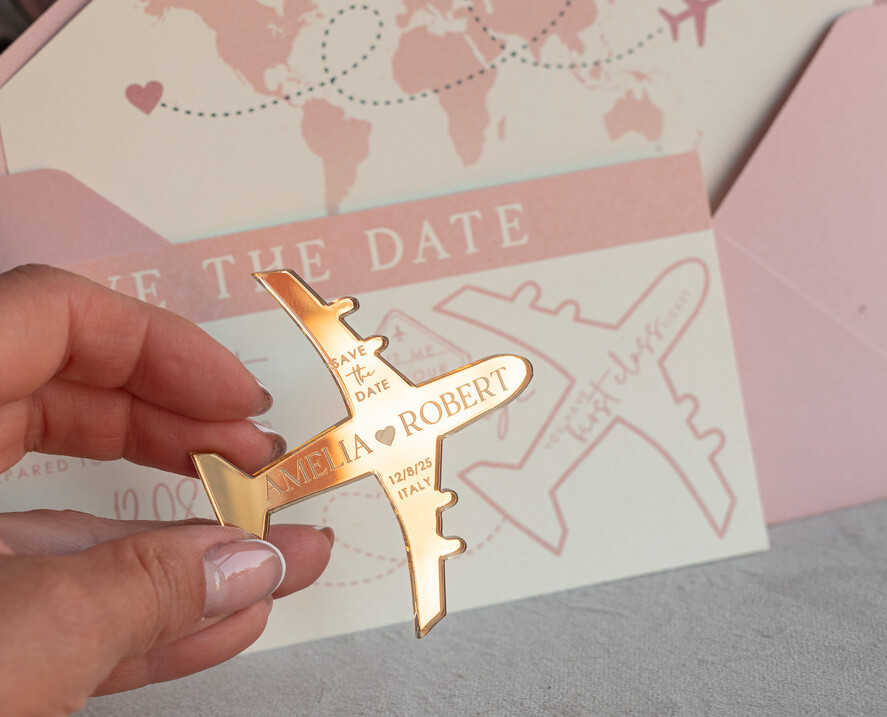 SAVE THE DATES beach travel magnets Pink Blush  golden airplane magnet Save The Date Cards  boardingpass travel airplane save the dates destination wedding magnets