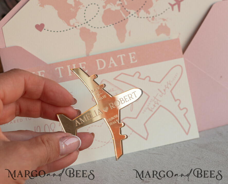 SAVE THE DATES beach travel magnets Pink Blush  golden airplane magnet Save The Date Cards  boardingpass travel airplane save the dates destination wedding magnets