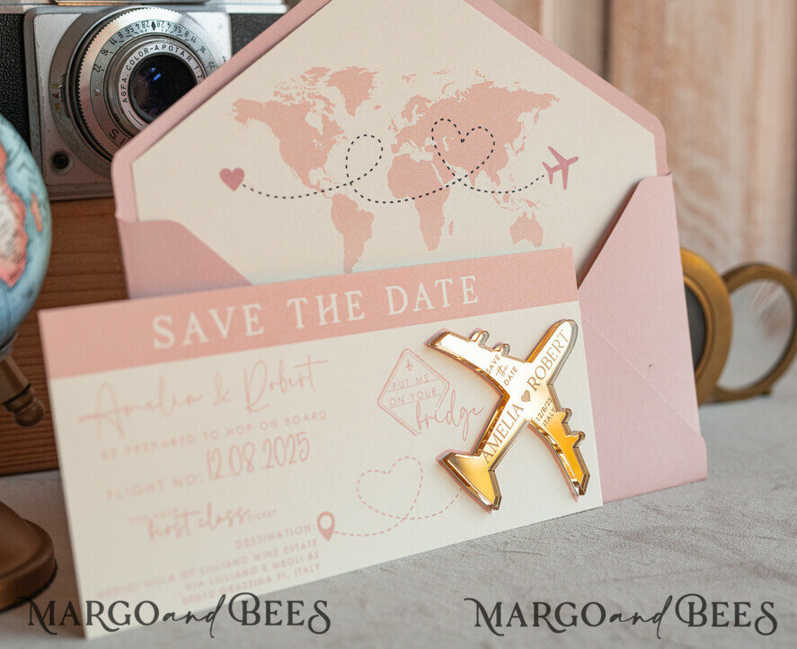 SAVE THE DATES beach travel magnets Pink Blush  golden airplane magnet Save The Date Cards  boardingpass travel airplane save the dates destination wedding magnets
