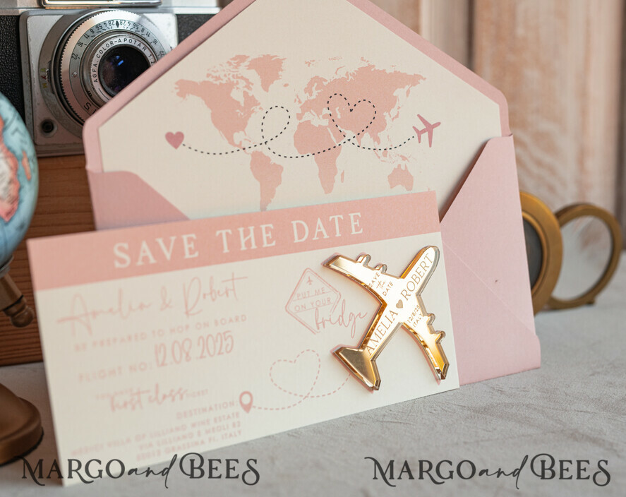 SAVE THE DATES beach travel magnets Pink Blush  golden airplane magnet Save The Date Cards  boardingpass travel airplane save the dates destination wedding magnets