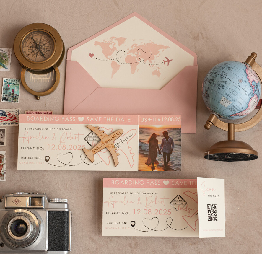 DATEN MERKEN Strand-Reise-Magnete Rosa Holzflugzeugmagnet Save The Date Karten mit Foto Bordkarte Reiseflugzeug Save the Dates Destination Hochzeit Magnete