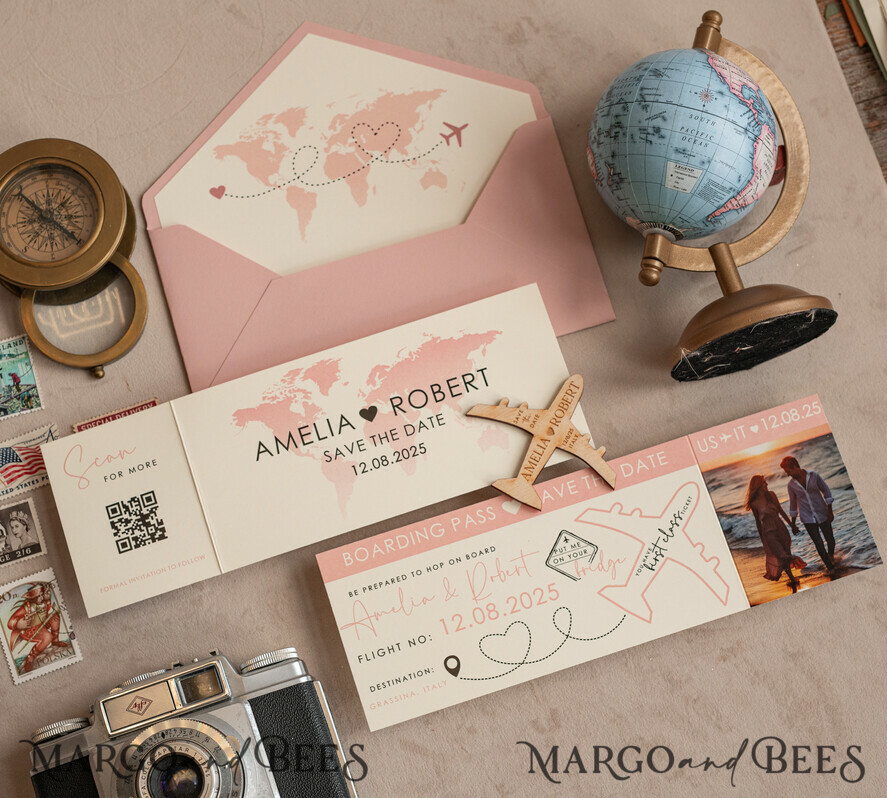 DATEN MERKEN Strand-Reise-Magnete Rosa Holzflugzeugmagnet Save The Date Karten mit Foto Bordkarte Reiseflugzeug Save the Dates Destination Hochzeit Magnete