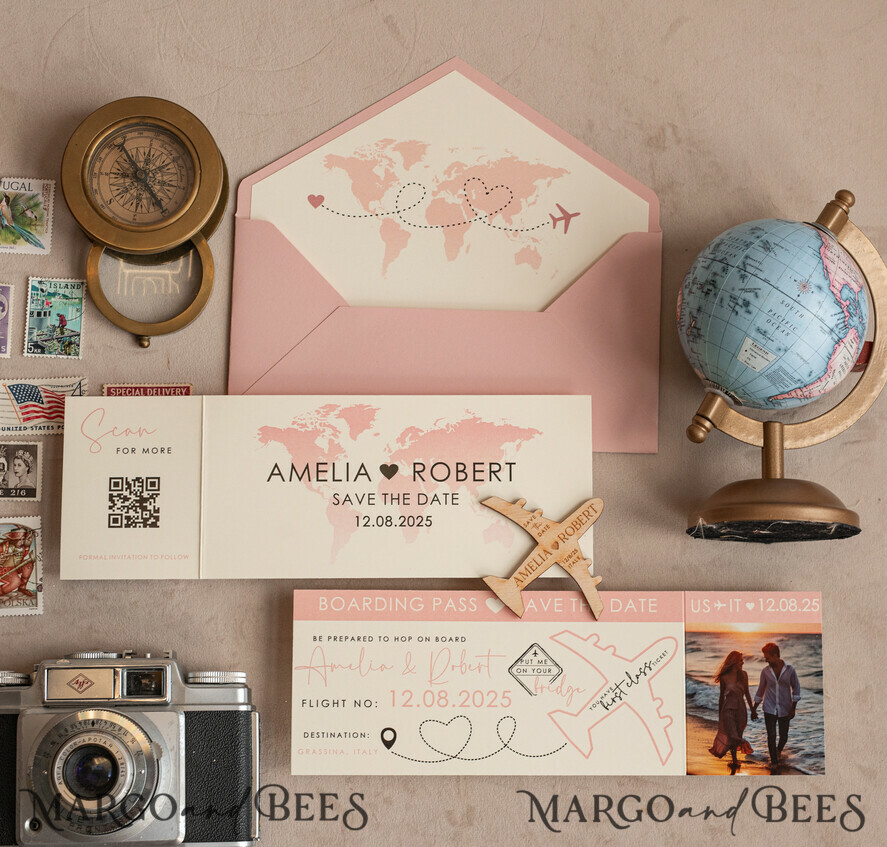 DATEN MERKEN Strand-Reise-Magnete Rosa Holzflugzeugmagnet Save The Date Karten mit Foto Bordkarte Reiseflugzeug Save the Dates Destination Hochzeit Magnete