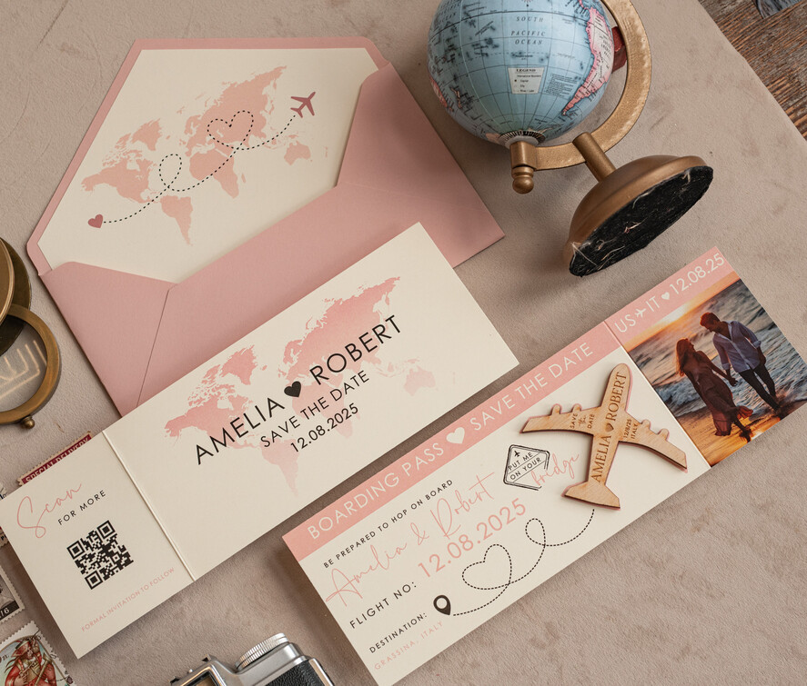 DATEN MERKEN Strand-Reise-Magnete Rosa Holzflugzeugmagnet Save The Date Karten mit Foto Bordkarte Reiseflugzeug Save the Dates Destination Hochzeit Magnete