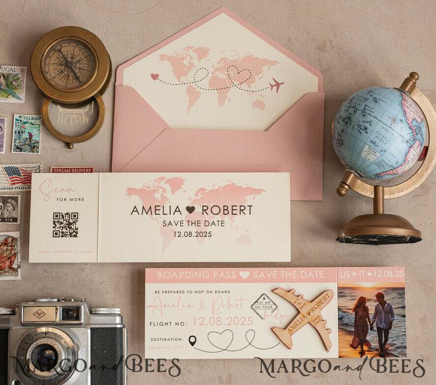 DATEN MERKEN Strand-Reise-Magnete Rosa Holzflugzeugmagnet Save The Date Karten mit Foto Bordkarte Reiseflugzeug Save the Dates Destination Hochzeit Magnete