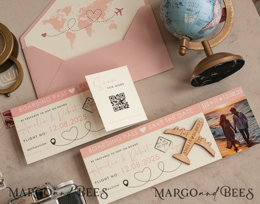 DATEN MERKEN Strand-Reise-Magnete Rosa Holzflugzeugmagnet Save The Date Karten mit Foto Bordkarte Reiseflugzeug Save the Dates Destination Hochzeit Magnete