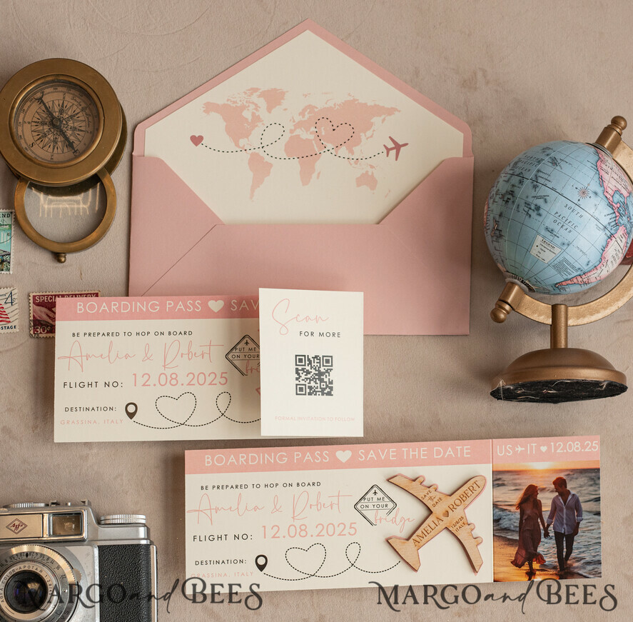 DATEN MERKEN Strand-Reise-Magnete Rosa Holzflugzeugmagnet Save The Date Karten mit Foto Bordkarte Reiseflugzeug Save the Dates Destination Hochzeit Magnete