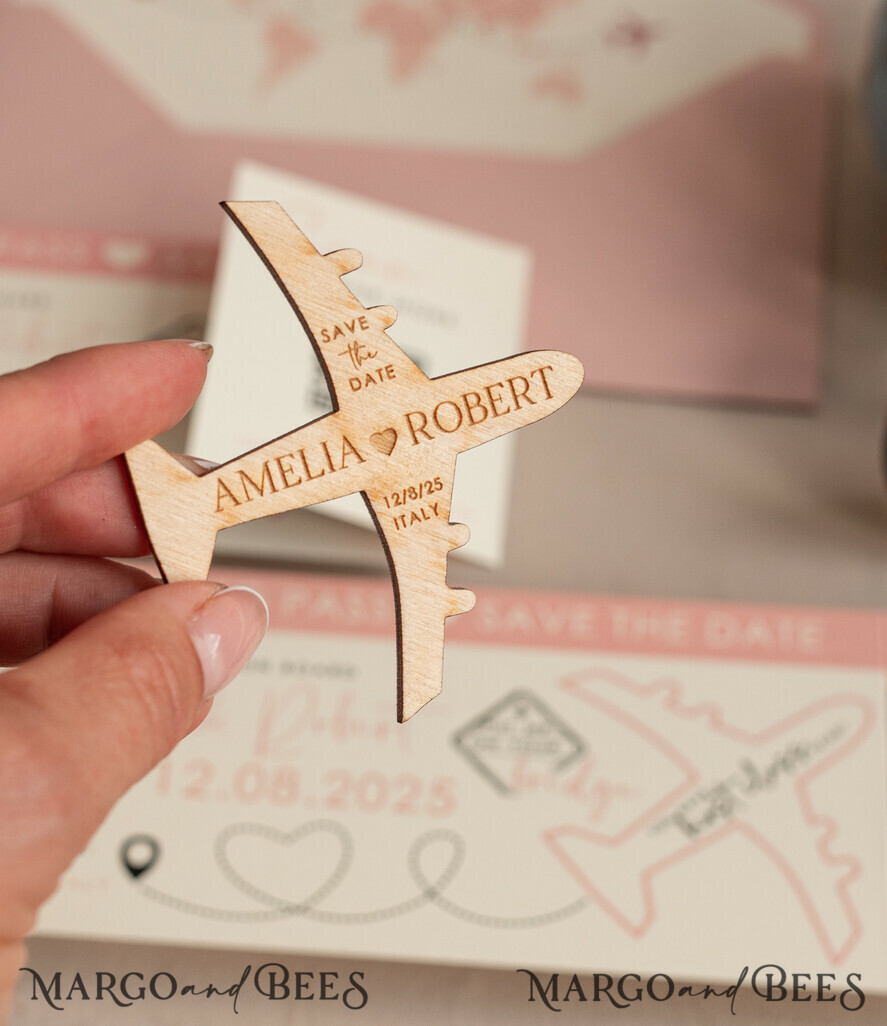 DATEN MERKEN Strand-Reise-Magnete Rosa Holzflugzeugmagnet Save The Date Karten mit Foto Bordkarte Reiseflugzeug Save the Dates Destination Hochzeit Magnete
