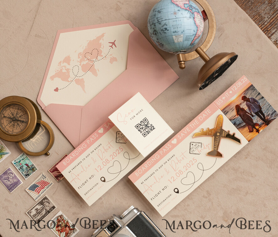 SAVE THE DATES beach travel magnets Pink Blush  golden airplane magnet Save The Date Cards with Photo boardingpass travel airplane save the dates destination wedding magnets