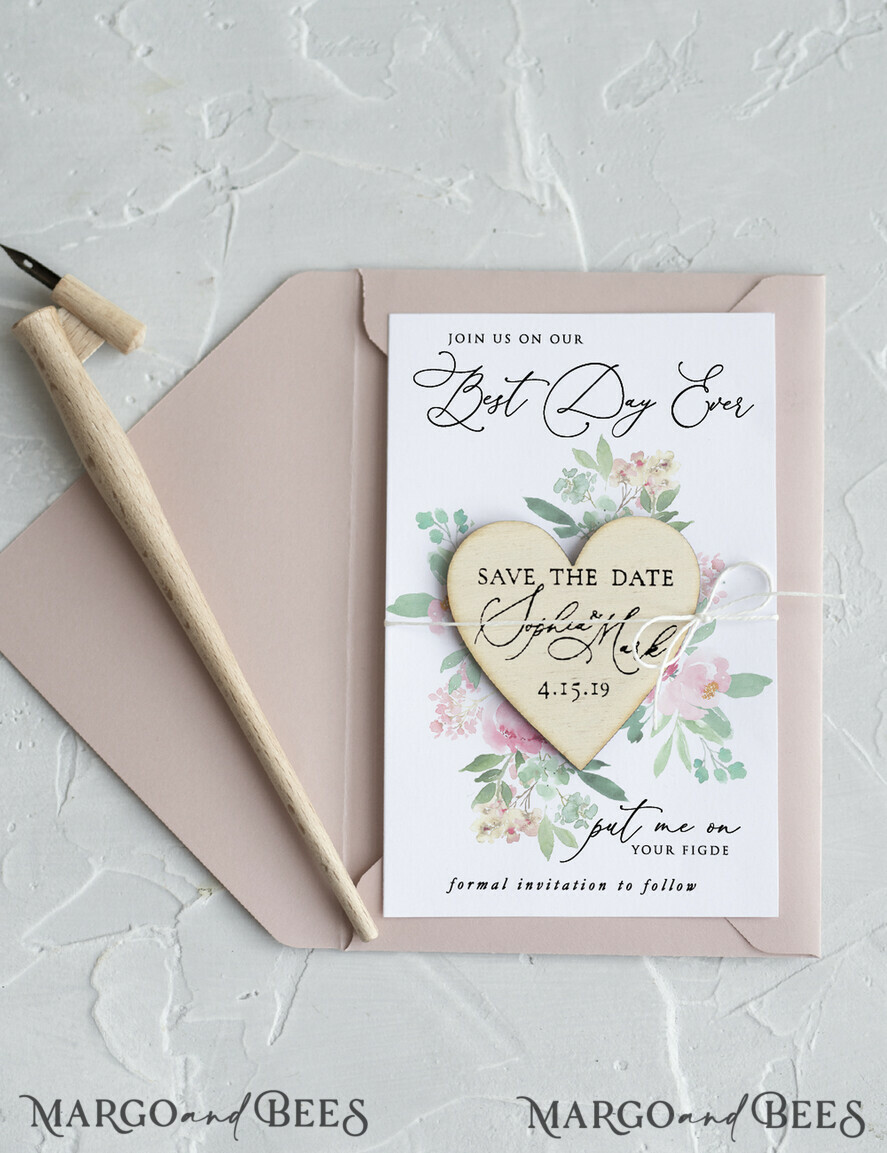 DATEN MERKEN rustikale Boho-Magnete Hochzeits-Save-the-Date-Karte Holz Kühlschrankmagnet Hochzeits-Save-the-Date-Karte und Herzmagnet, Blush Pink Save Our Date Holzmagnete