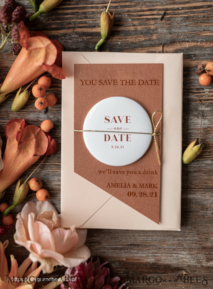 DATEN MERKEN rustikale Boho-Magnete Personalisierter Terracotta Save the Date Magnet und Karte, Hochzeits Save The Dates Plexi Magnete, Hochzeits Minimalistische Save The Date Karten