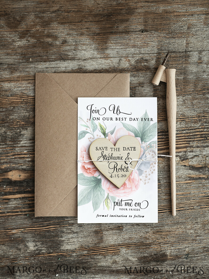 DATEN MERKEN rustikale Boho-Magnete Datum vormerken Hochzeitsankündigungs-Magnete Kühlschrankmagnet Hochzeits-Save-the-Date-Karte und Herzmagnet, Blush Pink Save Our Date Holzmagnete