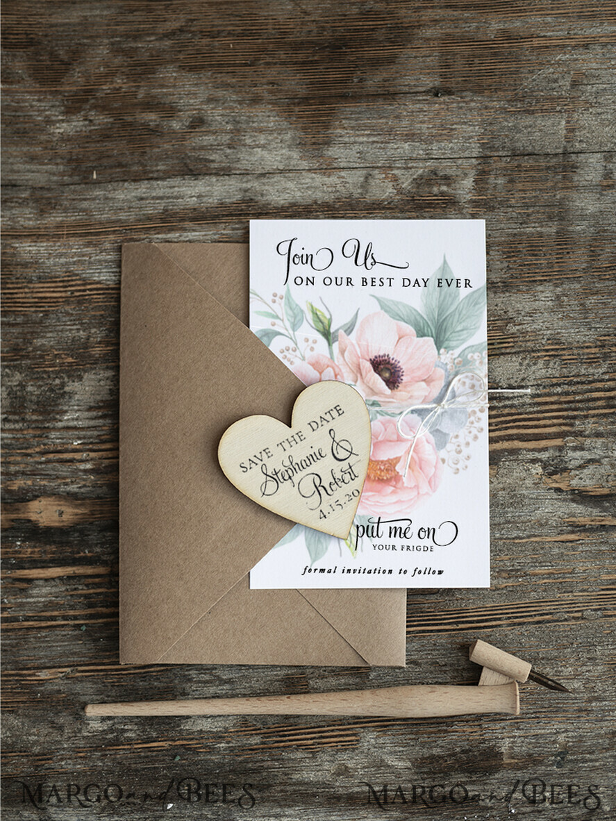 DATEN MERKEN rustikale Boho-Magnete Datum vormerken Hochzeitsankündigungs-Magnete Kühlschrankmagnet Hochzeits-Save-the-Date-Karte und Herzmagnet, Blush Pink Save Our Date Holzmagnete