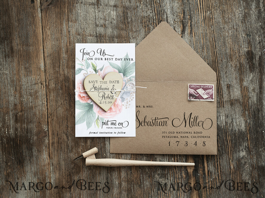 DATEN MERKEN rustikale Boho-Magnete Datum vormerken Hochzeitsankündigungs-Magnete Kühlschrankmagnet Hochzeits-Save-the-Date-Karte und Herzmagnet, Blush Pink Save Our Date Holzmagnete